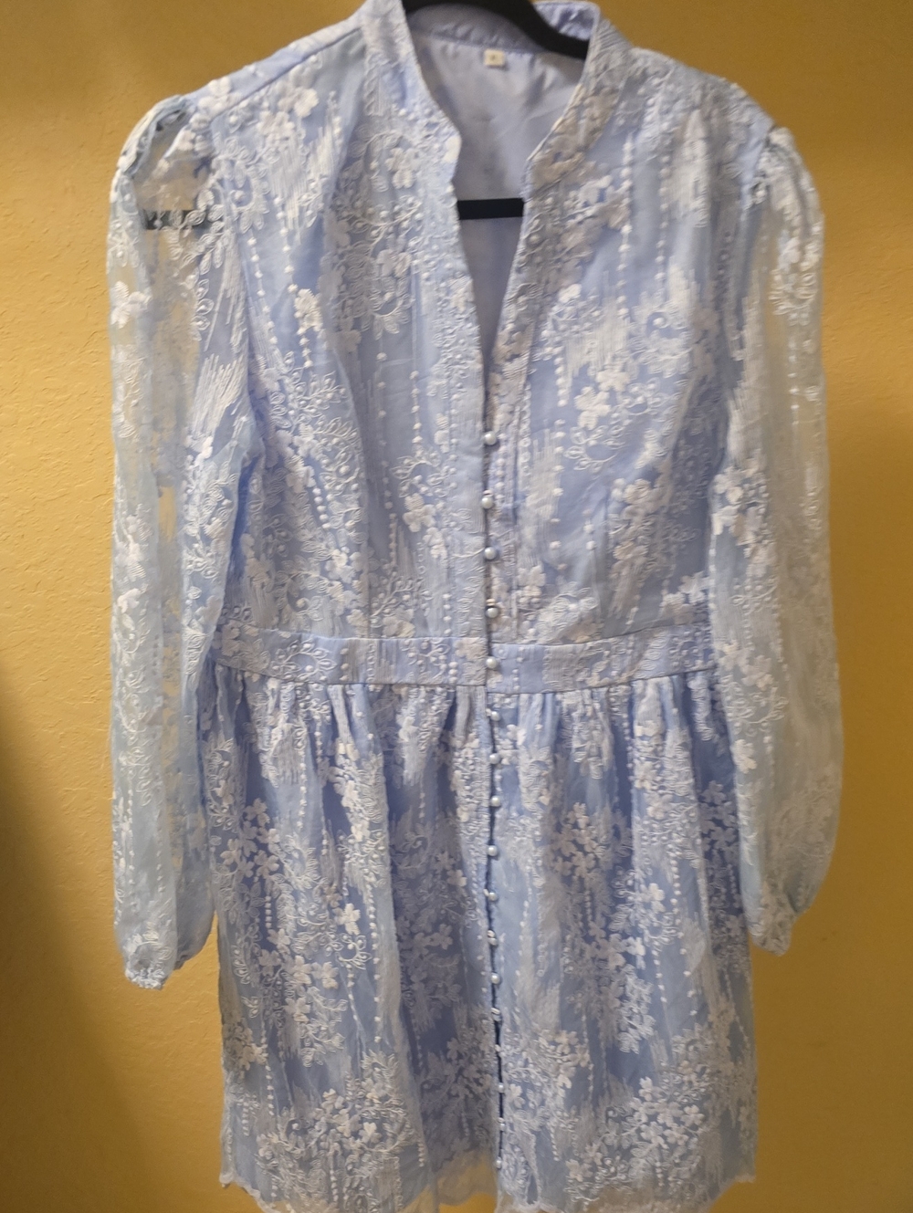 Light Blue Lace Party Dress with Pearl Buttons